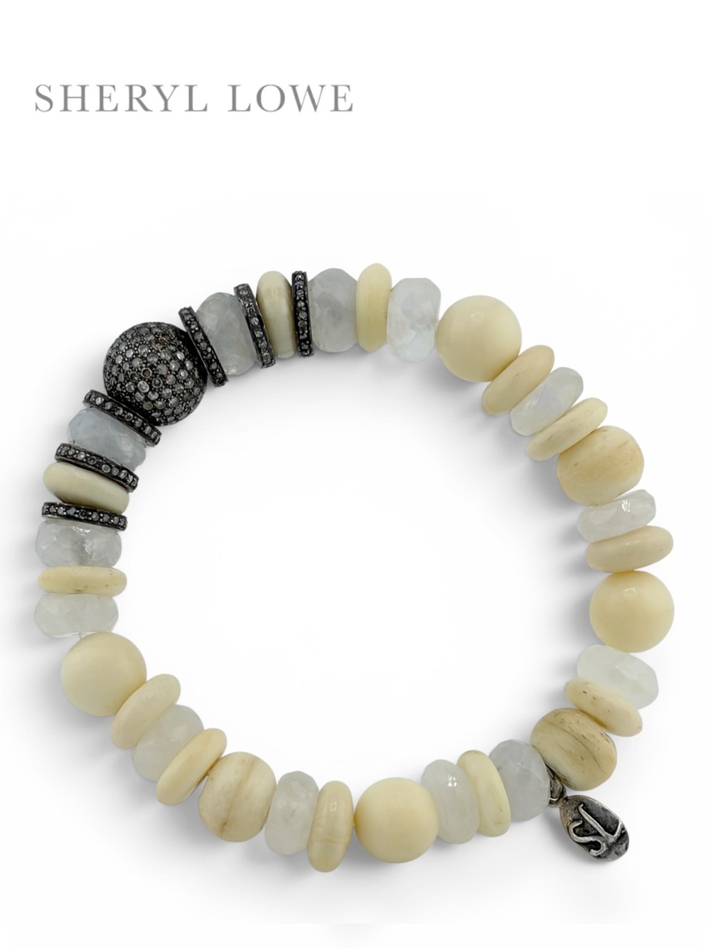 SHERYL LOWE new Moonstone Bone Beaded Bracelet w/ Diamond Pave Ball 6 Rondelles